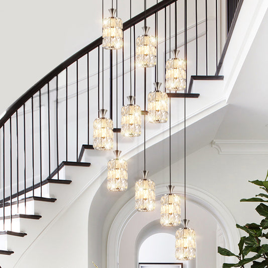 Crystal-Encrusted Cylindrical Multi Ceiling Lamp Modern 10 Bulbs Suspension Light Fixture for Staircase Silver Clearhalo 'Ceiling Lights' 'Modern Pendants' 'Modern' 'Pendant Lights' 'Pendants' Lighting' 2197638