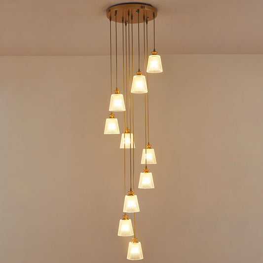 Bell Shade Staircase Hanging Light Lattice Glass 10 Heads Simplicity Multi Light Pendant in Gold Clearhalo 'Ceiling Lights' 'Glass shade' 'Glass' 'Modern Pendants' 'Modern' 'Pendant Lights' 'Pendants' Lighting' 2197644