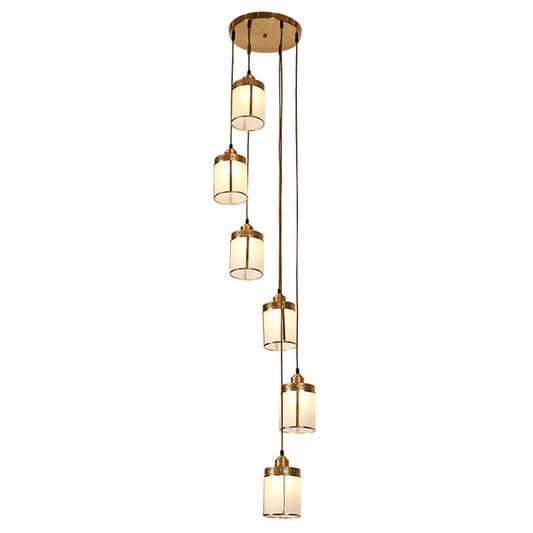 Artistic Cylindrical Multi Ceiling Light Frost Glass Staircase Suspension Lighting in Brass Clearhalo 'Ceiling Lights' 'Glass shade' 'Glass' 'Modern Pendants' 'Modern' 'Pendant Lights' 'Pendants' Lighting' 2197649