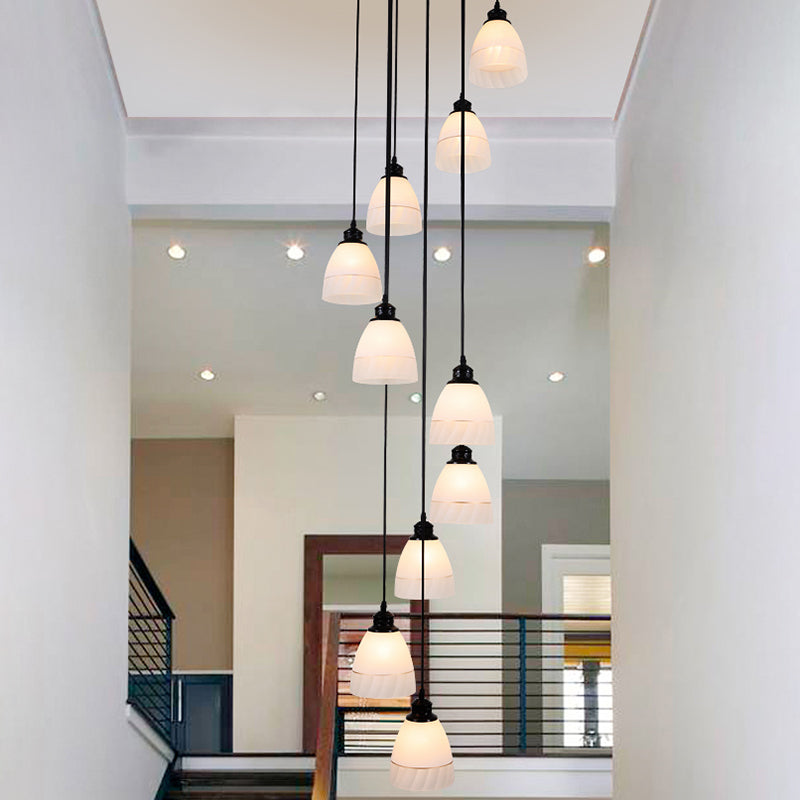 Bell Suspension Light Contemporary White Glass 10 Heads Staircase Multi Light Pendant in Black Black Clearhalo 'Ceiling Lights' 'Glass shade' 'Glass' 'Modern Pendants' 'Modern' 'Pendant Lights' 'Pendants' Lighting' 2197651