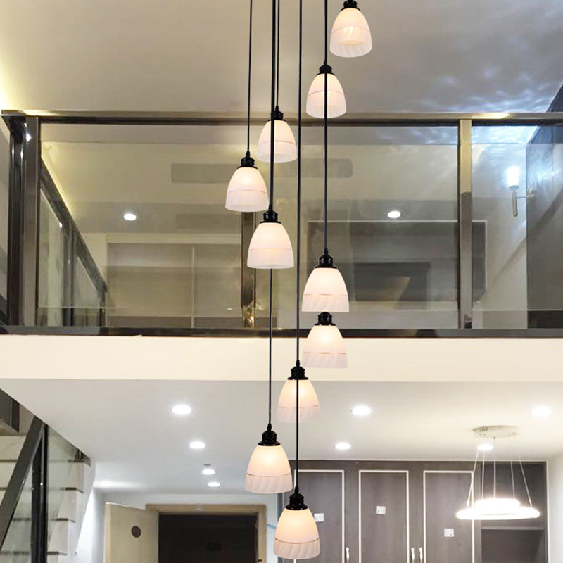 Bell Suspension Light Contemporary White Glass 10 Heads Staircase Multi Light Pendant in Black Clearhalo 'Ceiling Lights' 'Glass shade' 'Glass' 'Modern Pendants' 'Modern' 'Pendant Lights' 'Pendants' Lighting' 2197652