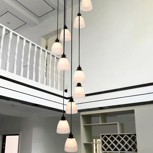 Bell Suspension Light Contemporary White Glass 10 Heads Staircase Multi Light Pendant in Black Clearhalo 'Ceiling Lights' 'Glass shade' 'Glass' 'Modern Pendants' 'Modern' 'Pendant Lights' 'Pendants' Lighting' 2197654