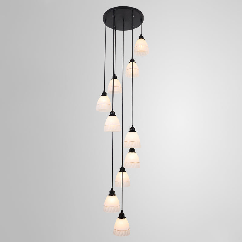 Bell Suspension Light Contemporary White Glass 10 Heads Staircase Multi Light Pendant in Black Clearhalo 'Ceiling Lights' 'Glass shade' 'Glass' 'Modern Pendants' 'Modern' 'Pendant Lights' 'Pendants' Lighting' 2197655