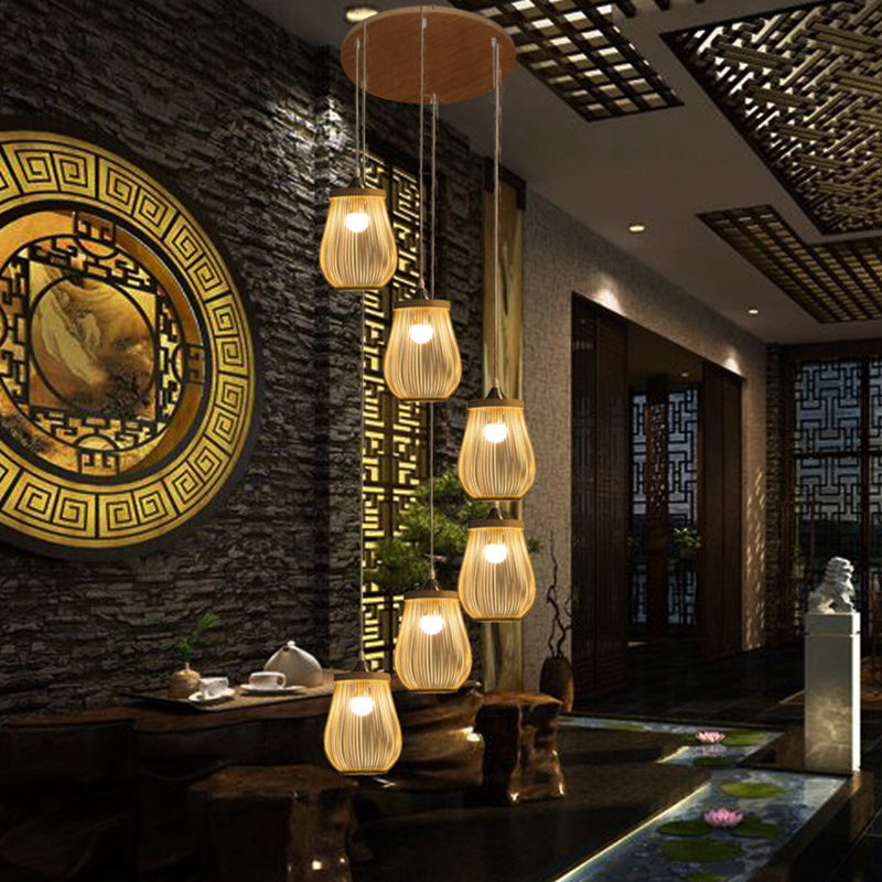 Bamboo Pear Shaped Multi Light Pendant Modern Wood Hanging Lighting for Staircase 6 Wood Clearhalo 'Ceiling Lights' 'Modern Pendants' 'Modern' 'Pendant Lights' 'Pendants' Lighting' 2197656