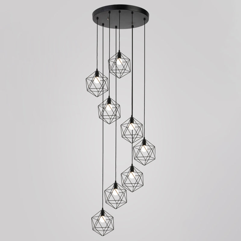 Geometric Cage Staircase Multi Ceiling Lighting Metallic Suspension Light Fixture 8 Black A Clearhalo 'Ceiling Lights' 'Modern Pendants' 'Modern' 'Pendant Lights' 'Pendants' Lighting' 2197664