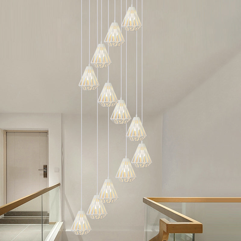 Geometric Cage Staircase Multi Ceiling Lighting Metallic Suspension Light Fixture 12 White B Clearhalo 'Ceiling Lights' 'Modern Pendants' 'Modern' 'Pendant Lights' 'Pendants' Lighting' 2197686