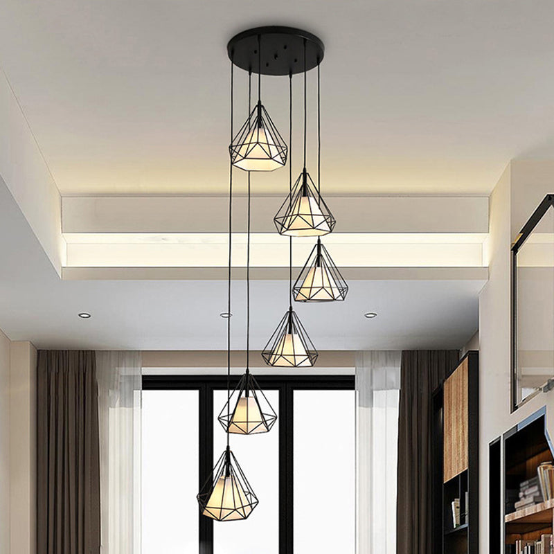 Simplicity Diamond Cage Hanging Light Metallic Staircase Multi Light Pendant with Inner Cone Shade in Black Black Clearhalo 'Ceiling Lights' 'Modern Pendants' 'Modern' 'Pendant Lights' 'Pendants' Lighting' 2197688