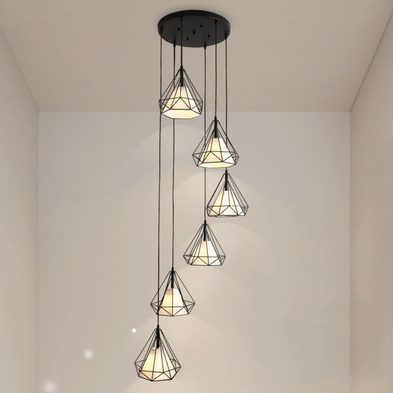 Simplicity Diamond Cage Hanging Light Metallic Staircase Multi Light Pendant with Inner Cone Shade in Black Clearhalo 'Ceiling Lights' 'Modern Pendants' 'Modern' 'Pendant Lights' 'Pendants' Lighting' 2197689