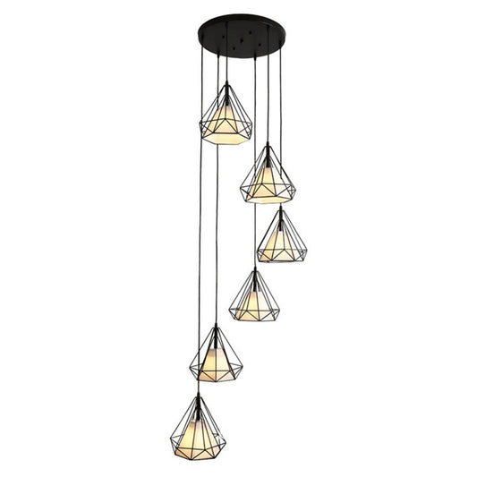 Simplicity Diamond Cage Hanging Light Metallic Staircase Multi Light Pendant with Inner Cone Shade in Black Clearhalo 'Ceiling Lights' 'Modern Pendants' 'Modern' 'Pendant Lights' 'Pendants' Lighting' 2197690