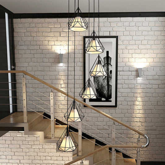 Simplicity Diamond Cage Hanging Light Metallic Staircase Multi Light Pendant with Inner Cone Shade in Black Clearhalo 'Ceiling Lights' 'Modern Pendants' 'Modern' 'Pendant Lights' 'Pendants' Lighting' 2197691