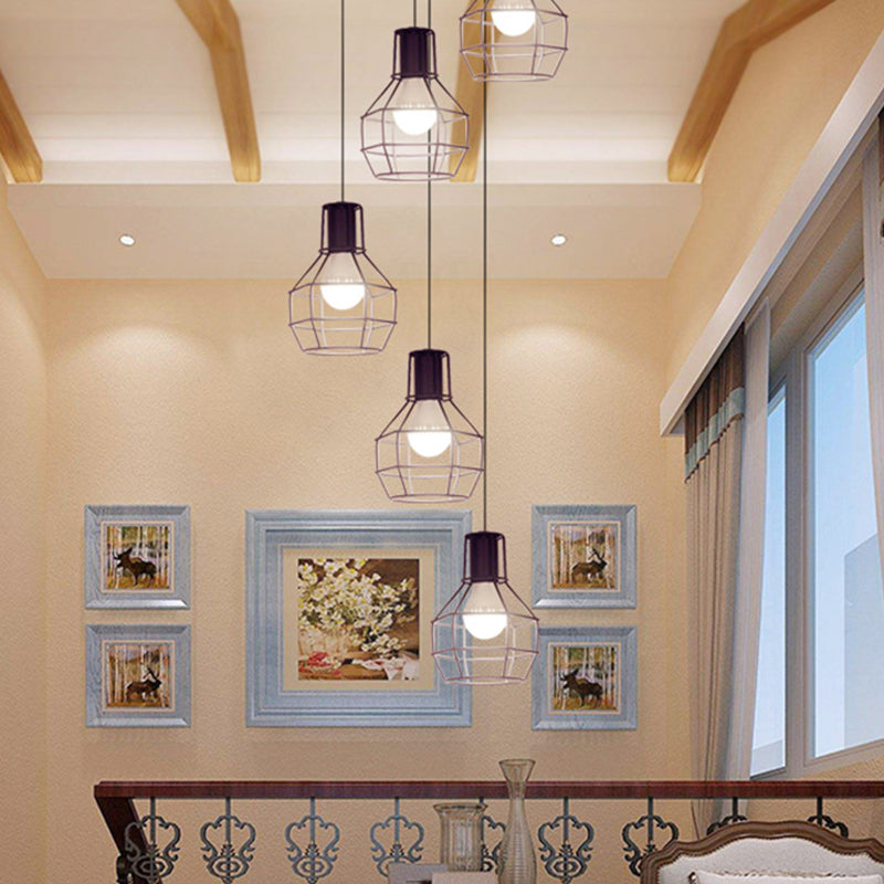 Grenade Cage Multi Ceiling Light Minimalist Metallic 5 Bulbs Staircase Suspension Lighting Black Clearhalo 'Ceiling Lights' 'Modern Pendants' 'Modern' 'Pendant Lights' 'Pendants' Lighting' 2197696