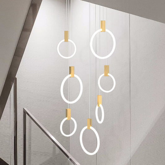 Ring Shaped Acrylic LED Multi Light Pendant Modern Style Gold Hanging Lighting for Staircase 7 Gold Clearhalo 'Ceiling Lights' 'Modern Pendants' 'Modern' 'Pendant Lights' 'Pendants' Lighting' 2197705