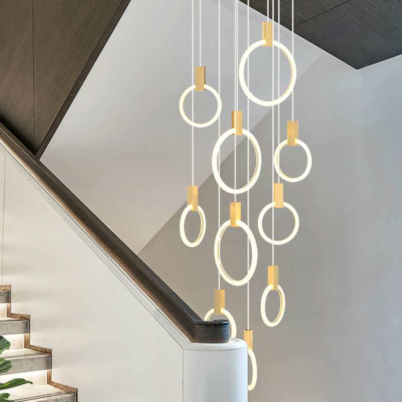 Ring Shaped Acrylic LED Multi Light Pendant Modern Style Gold Hanging Lighting for Staircase 10 Gold Clearhalo 'Ceiling Lights' 'Modern Pendants' 'Modern' 'Pendant Lights' 'Pendants' Lighting' 2197709