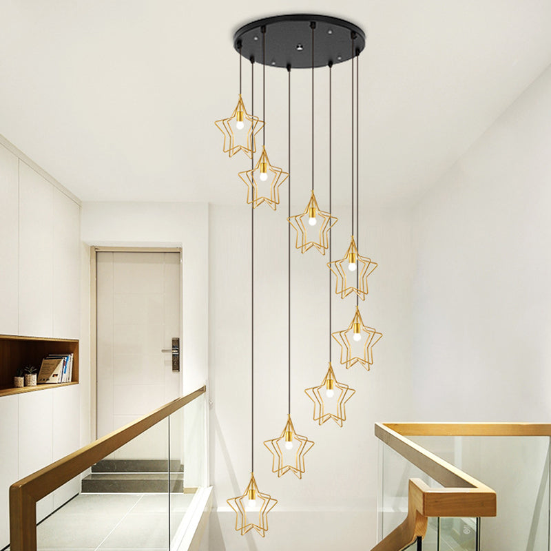 Gold Spiral Star Multi Ceiling Lamp Simplicity 8 Bulbs Metallic Suspension Light Fixture for Entryway Clearhalo 'Ceiling Lights' 'Modern Pendants' 'Modern' 'Pendant Lights' 'Pendants' Lighting' 2197713