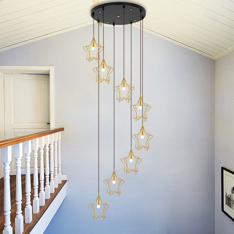 Gold Spiral Star Multi Ceiling Lamp Simplicity 8 Bulbs Metallic Suspension Light Fixture for Entryway Clearhalo 'Ceiling Lights' 'Modern Pendants' 'Modern' 'Pendant Lights' 'Pendants' Lighting' 2197714