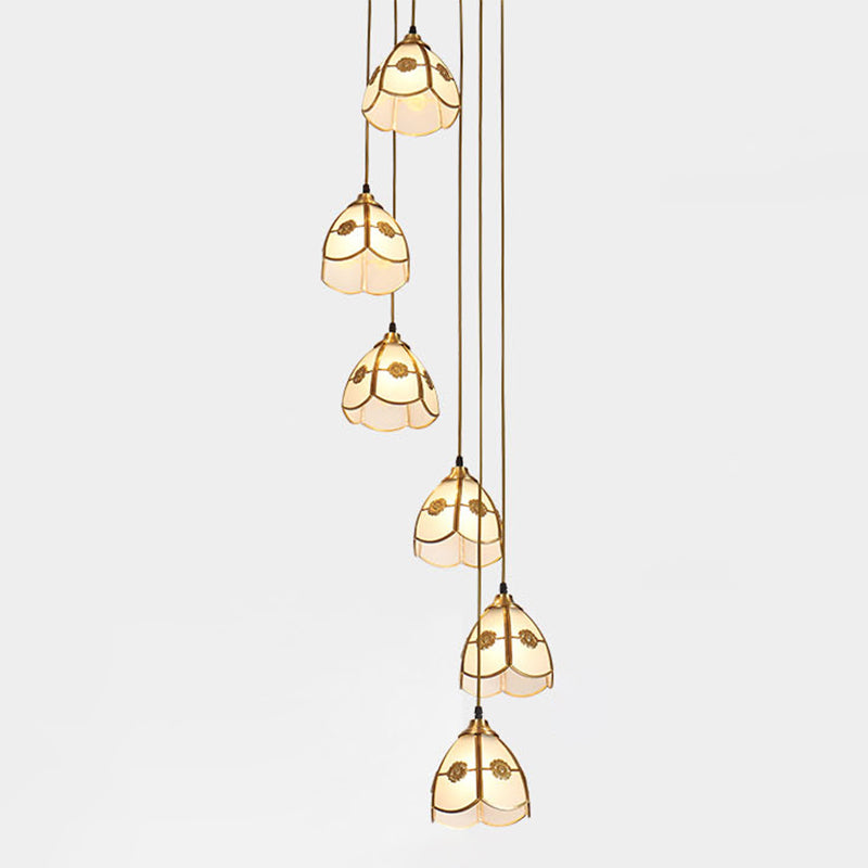 Scalloped Bell Multi Ceiling Light Artistic Frost Glass 6 Heads Brass Suspension Lighting Brass Clearhalo 'Ceiling Lights' 'Glass shade' 'Glass' 'Modern Pendants' 'Modern' 'Pendant Lights' 'Pendants' Lighting' 2197717