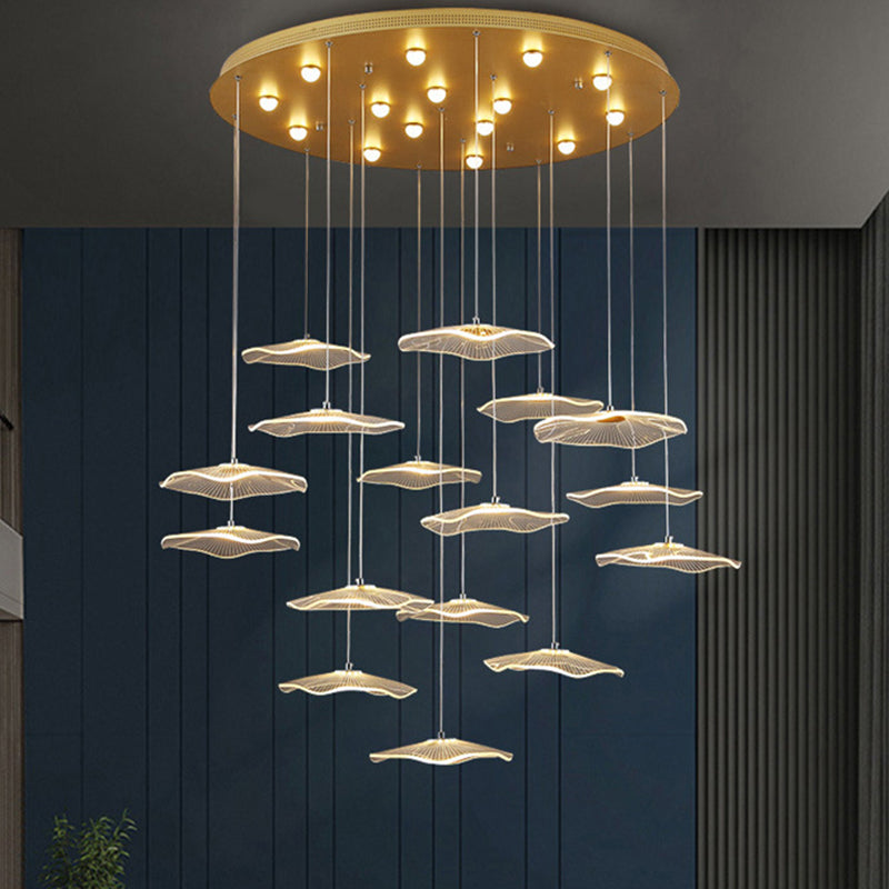 Lotus Leaf Staircase LED Suspension Light Acrylic Contemporary Multi Light Pendant in Gold 16 Gold Clearhalo 'Ceiling Lights' 'Modern Pendants' 'Modern' 'Pendant Lights' 'Pendants' Lighting' 2197722