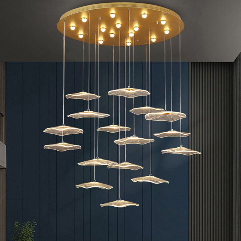Lotus Leaf Staircase LED Suspension Light Acrylic Contemporary Multi Light Pendant in Gold 16 Gold Clearhalo 'Ceiling Lights' 'Modern Pendants' 'Modern' 'Pendant Lights' 'Pendants' Lighting' 2197722