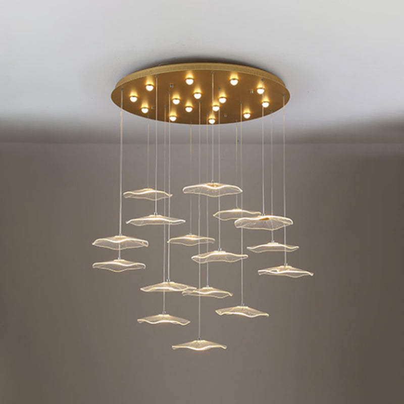 Lotus Leaf Staircase LED Suspension Light Acrylic Contemporary Multi Light Pendant in Gold Clearhalo 'Ceiling Lights' 'Modern Pendants' 'Modern' 'Pendant Lights' 'Pendants' Lighting' 2197723