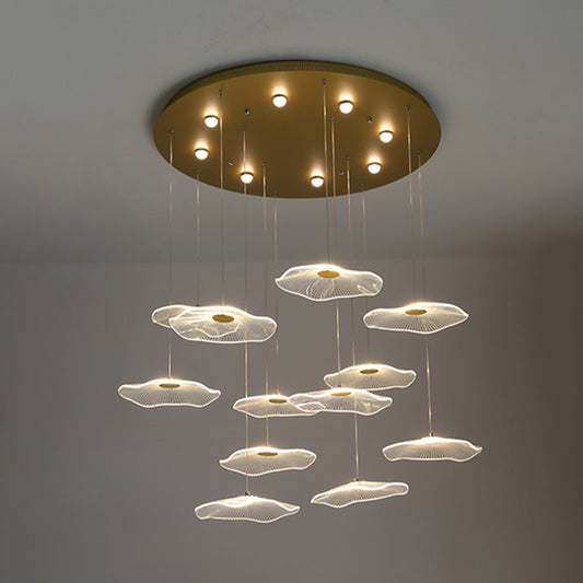 Lotus Leaf Staircase LED Suspension Light Acrylic Contemporary Multi Light Pendant in Gold 12 Gold Clearhalo 'Ceiling Lights' 'Modern Pendants' 'Modern' 'Pendant Lights' 'Pendants' Lighting' 2197724