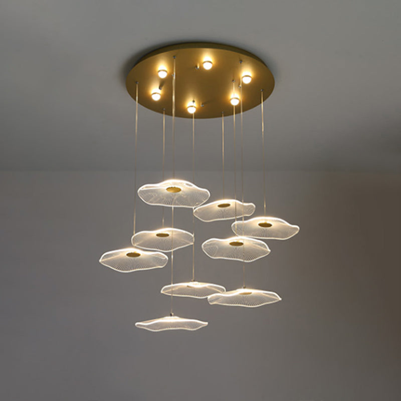 Lotus Leaf Staircase LED Suspension Light Acrylic Contemporary Multi Light Pendant in Gold 9 Gold Clearhalo 'Ceiling Lights' 'Modern Pendants' 'Modern' 'Pendant Lights' 'Pendants' Lighting' 2197725