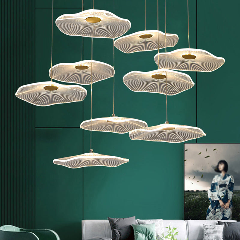 Lotus Leaf Staircase LED Suspension Light Acrylic Contemporary Multi Light Pendant in Gold Clearhalo 'Ceiling Lights' 'Modern Pendants' 'Modern' 'Pendant Lights' 'Pendants' Lighting' 2197726