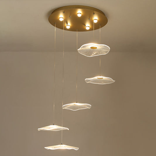 Lotus Leaf Staircase LED Suspension Light Acrylic Contemporary Multi Light Pendant in Gold 5 Gold Clearhalo 'Ceiling Lights' 'Modern Pendants' 'Modern' 'Pendant Lights' 'Pendants' Lighting' 2197728