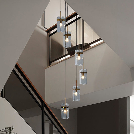 Minimalist Oval Panel Multi Light Pendant Glass Staircase Hanging Lighting Fixture 6 Smoke Gray Clearhalo 'Ceiling Lights' 'Chandeliers' 'Glass shade' 'Glass' 'Modern Pendants' 'Modern' 'Pendant Lights' 'Pendants' Lighting' 2197730
