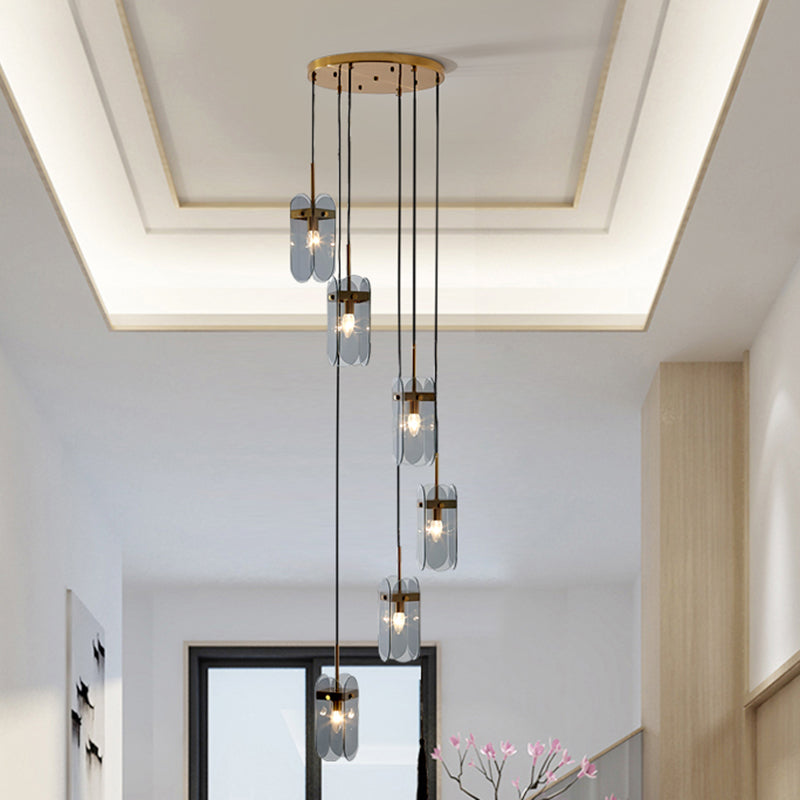 Minimalist Oval Panel Multi Light Pendant Glass Staircase Hanging Lighting Fixture Clearhalo 'Ceiling Lights' 'Chandeliers' 'Glass shade' 'Glass' 'Modern Pendants' 'Modern' 'Pendant Lights' 'Pendants' Lighting' 2197731