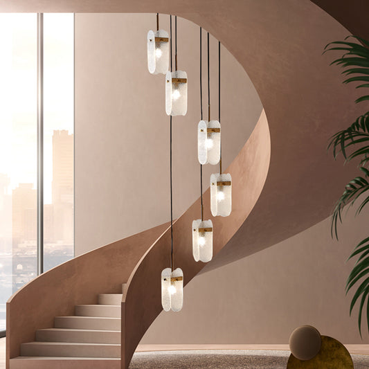 Minimalist Oval Panel Multi Light Pendant Glass Staircase Hanging Lighting Fixture 6 Clear Clearhalo 'Ceiling Lights' 'Chandeliers' 'Glass shade' 'Glass' 'Modern Pendants' 'Modern' 'Pendant Lights' 'Pendants' Lighting' 2197736