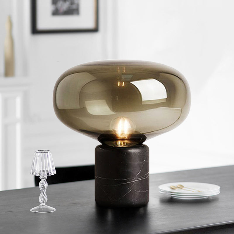 Marble Cylinder Table Light Nordic Style Single Nightstand Lighting with Oblate Glass Shade Cognac Clearhalo 'Lamps' 'Table Lamps' Lighting' 2197807