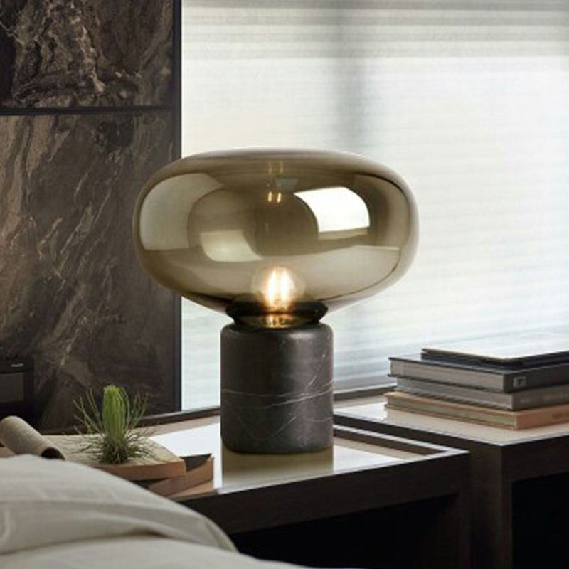 Marble Cylinder Table Light Nordic Style Single Nightstand Lighting with Oblate Glass Shade Clearhalo 'Lamps' 'Table Lamps' Lighting' 2197808