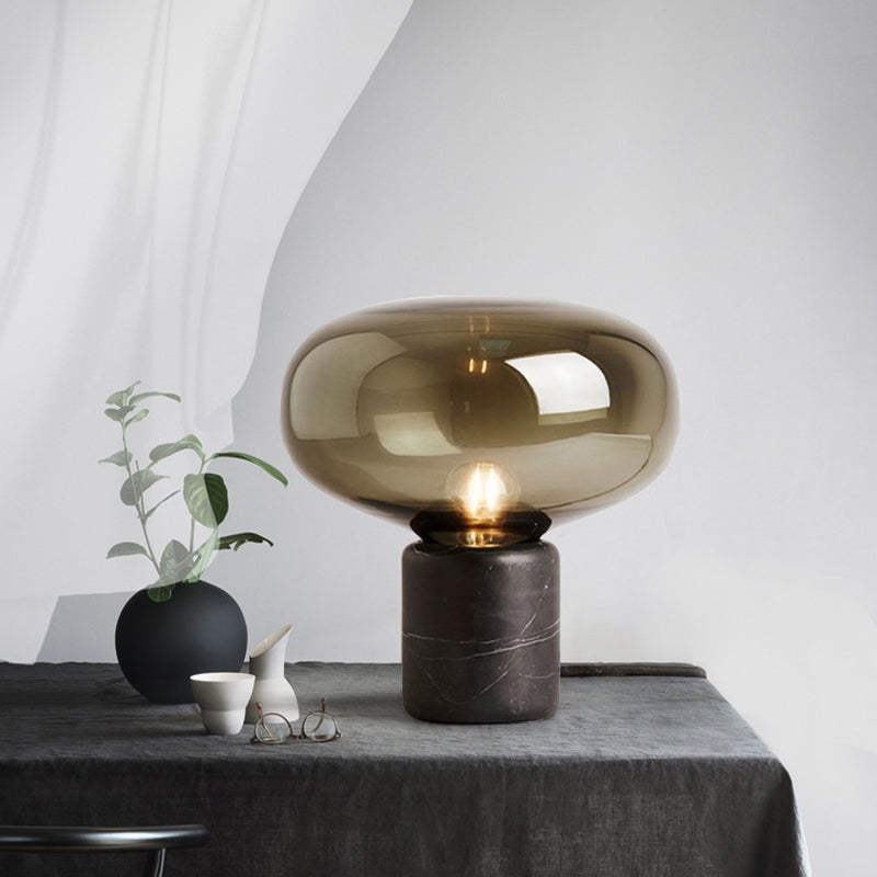 Marble Cylinder Table Light Nordic Style Single Nightstand Lighting with Oblate Glass Shade Clearhalo 'Lamps' 'Table Lamps' Lighting' 2197809