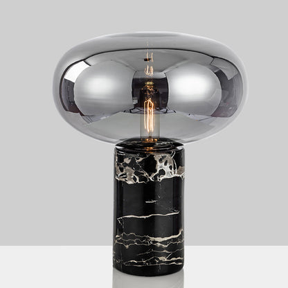 Oblate Bedside Nightstand Lamp Glass Single-Bulb Minimalistic Table Light with Cylindrical Marble Base Smoke Gray Clearhalo 'Lamps' 'Table Lamps' Lighting' 2197816