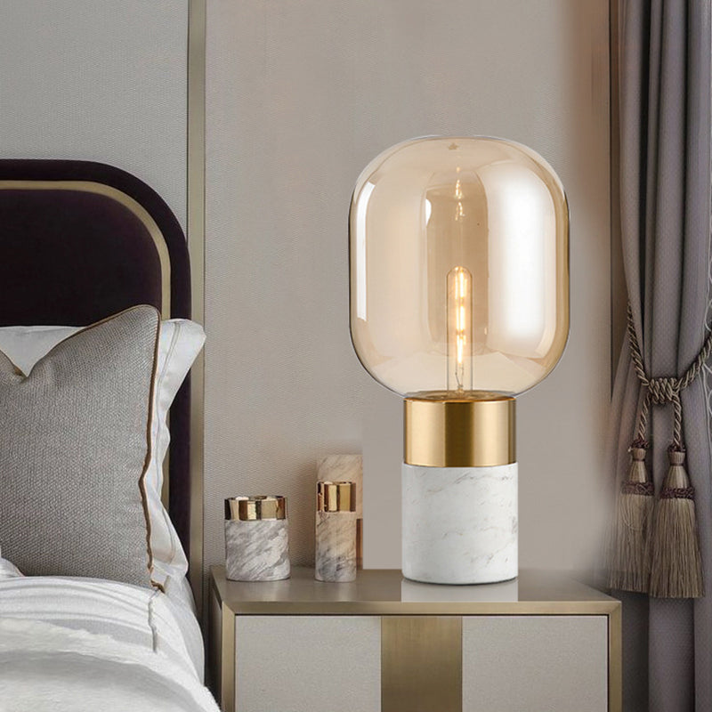 Postmodern Barrel Nightstand Lamp Glass 1-Light Bedside Table Lighting with Cylindrical Marble Base Clearhalo 'Lamps' 'Table Lamps' Lighting' 2197826