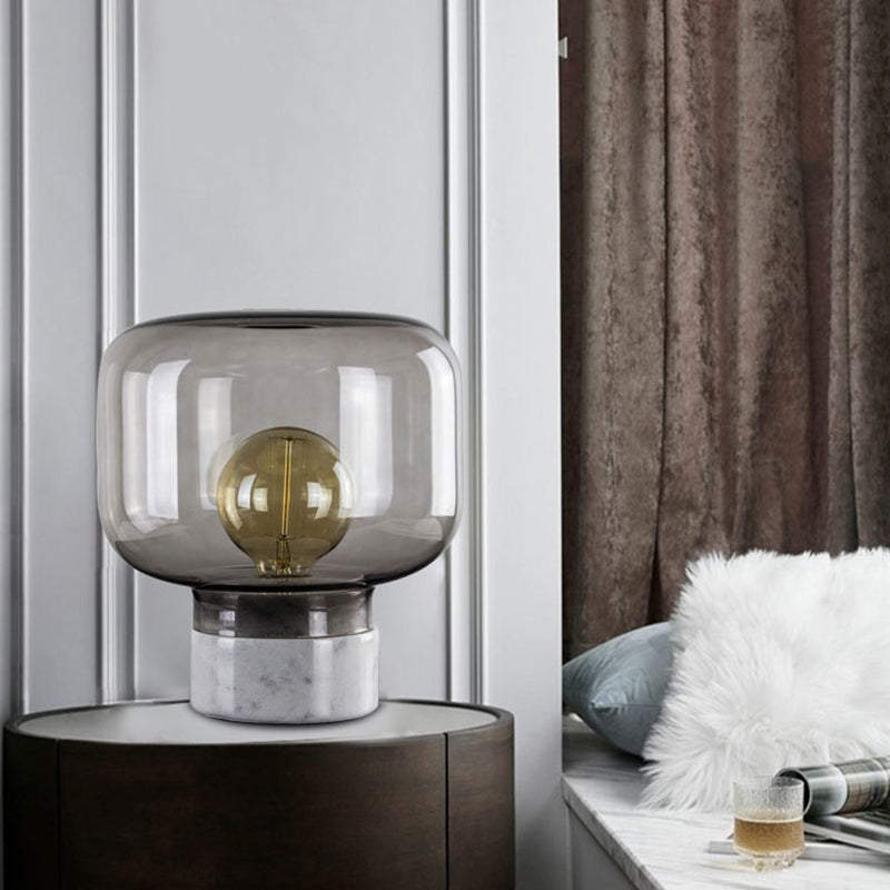 Smoked Glass Drum Table Lamp Nordic Style 1-Light Nightstand Light with Marble Base Clearhalo 'Lamps' 'Table Lamps' Lighting' 2197832