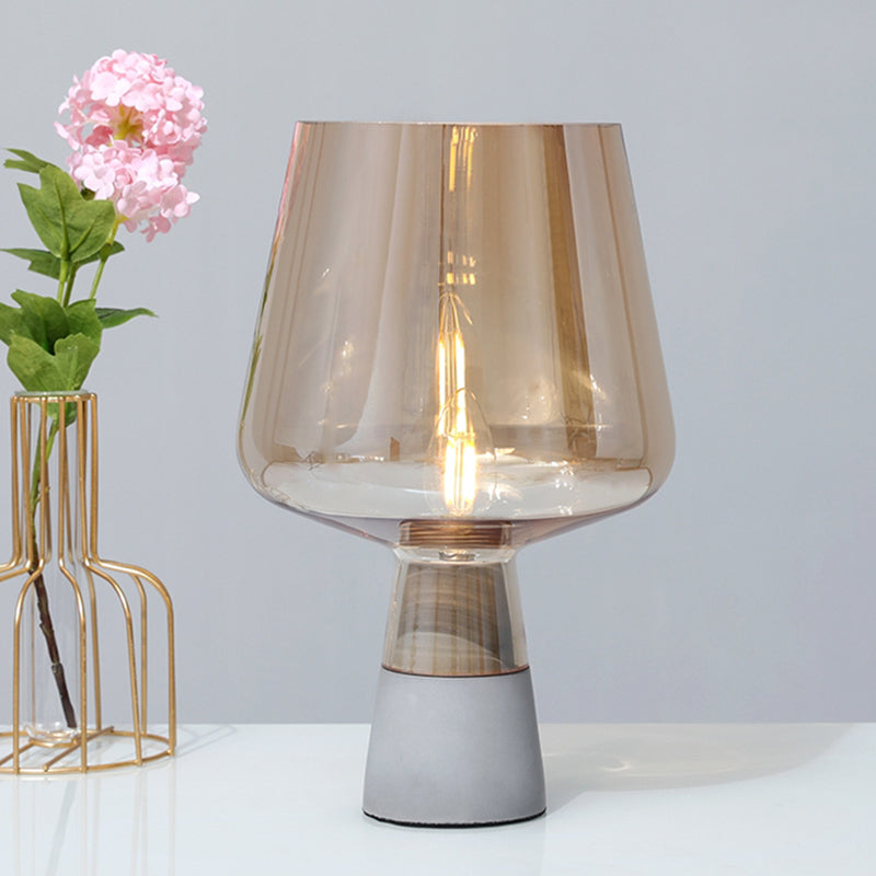 Tapered Table Lighting Nordic Cement Single Study Room Nightstand Lamp with Wineglass-Like Amber Glass Shade Amber Clearhalo 'Lamps' 'Table Lamps' Lighting' 2197848