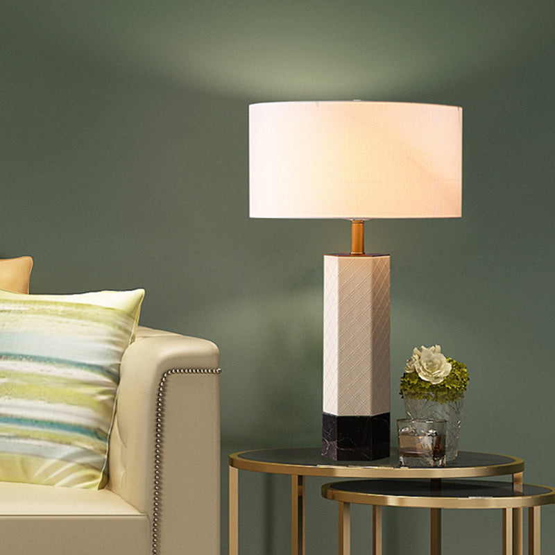 Fabric Drum Table Lamp Postmodern 1-Light Nightstand Light with Marble Base in White Clearhalo 'Lamps' 'Table Lamps' Lighting' 2197859