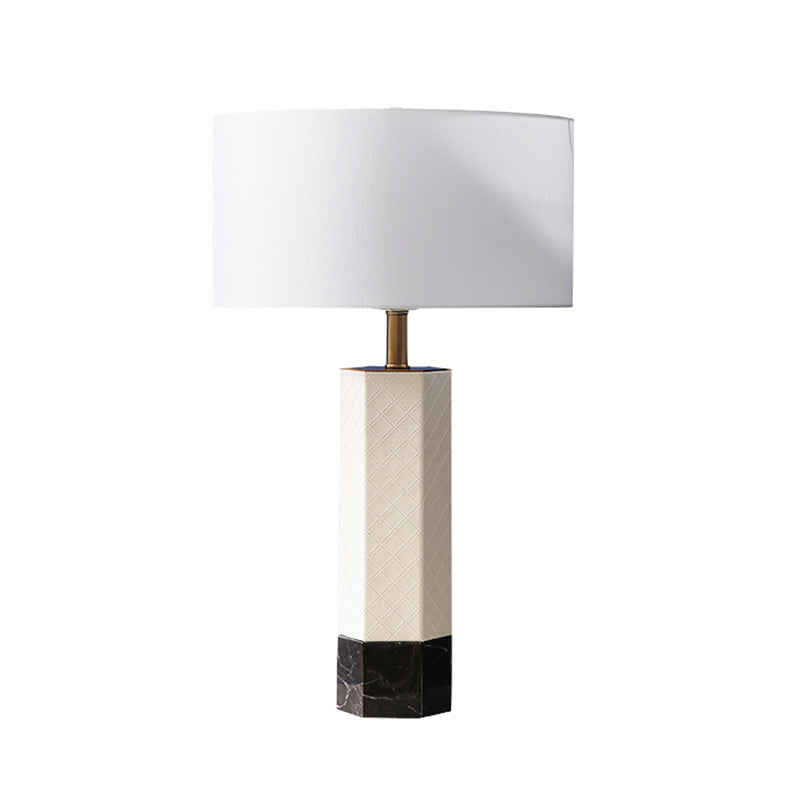 Fabric Drum Table Lamp Postmodern 1-Light Nightstand Light with Marble Base in White Clearhalo 'Lamps' 'Table Lamps' Lighting' 2197862