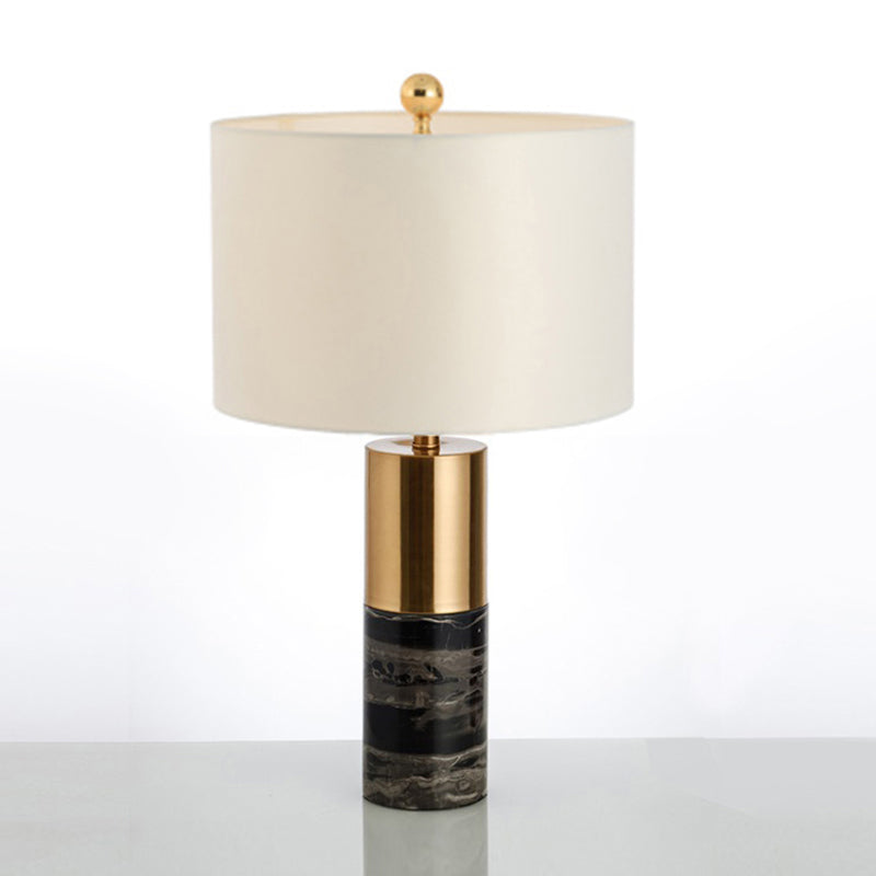 Cylindrical Table Light Nordic Style Marble 1 Bulb Black Nightstand Lighting with Fabric Shade Black Clearhalo 'Lamps' 'Table Lamps' Lighting' 2197863