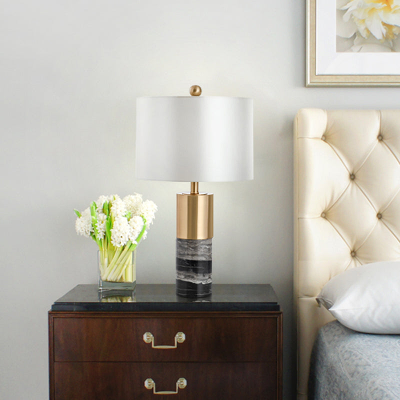 Drum Table Lighting Simplicity Fabric 1 Bulb Living Room Nightstand Lamp with Marble Base in White Clearhalo 'Lamps' 'Table Lamps' Lighting' 2197869