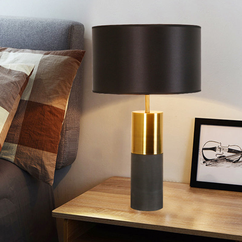 Cement Cylindrical Table Lamp Minimalistic Single Nightstand Lighting with Drum Fabric Shade Black Clearhalo 'Lamps' 'Table Lamps' Lighting' 2197878