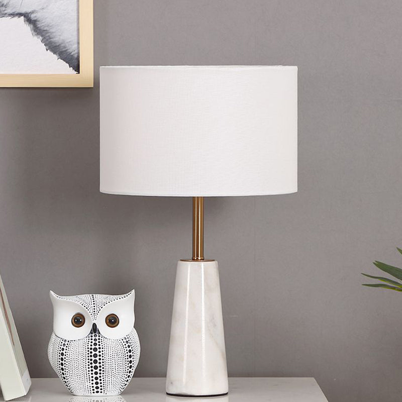 Round Bedside Table Light Fabric Single-Bulb Nordic Style Nightstand Lighting with Conical Marble Base in White White Clearhalo 'Lamps' 'Table Lamps' Lighting' 2197884