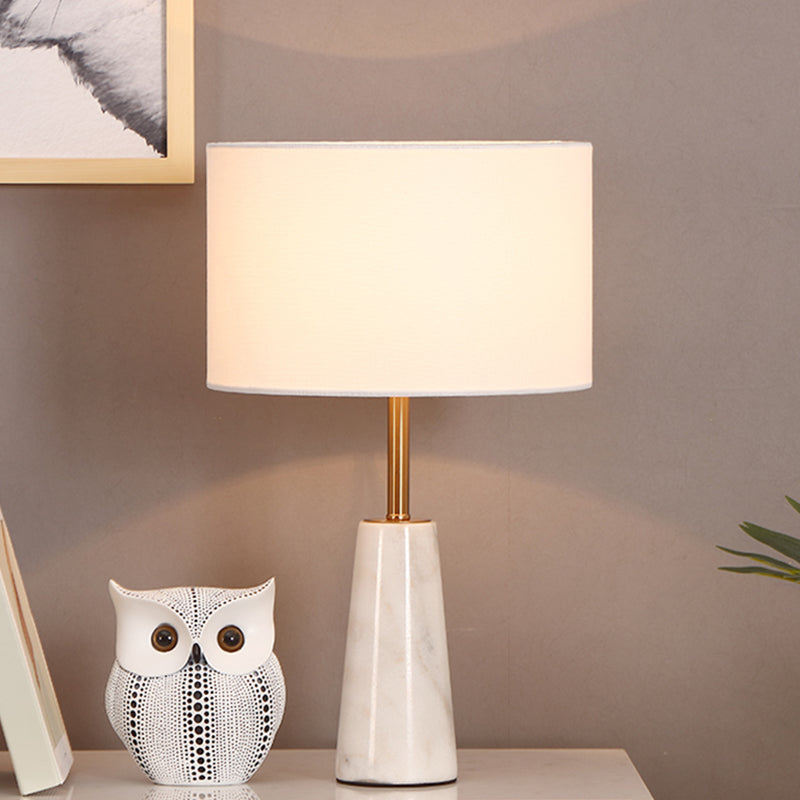 Round Bedside Table Light Fabric Single-Bulb Nordic Style Nightstand Lighting with Conical Marble Base in White Clearhalo 'Lamps' 'Table Lamps' Lighting' 2197886