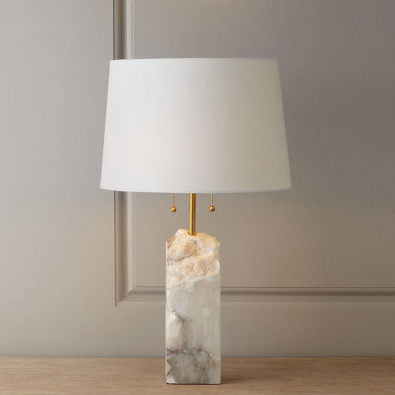 Fabric Tapered Drum Nightstand Lamp Minimalistic Single-Bulb White Pull Chain Table Lighting with Mica Base Clearhalo 'Lamps' 'Table Lamps' Lighting' 2197900