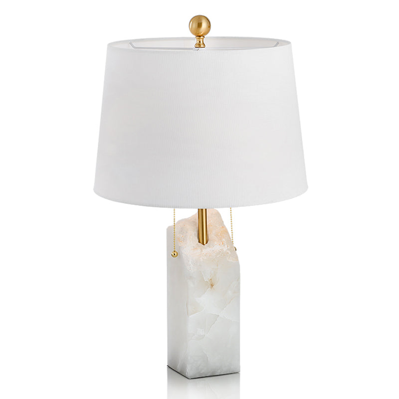 Fabric Tapered Drum Nightstand Lamp Minimalistic Single-Bulb White Pull Chain Table Lighting with Mica Base Clearhalo 'Lamps' 'Table Lamps' Lighting' 2197902