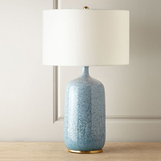 Blue Drum Table Light Minimalistic 1 Bulb Fabric Nightstand Lighting with Ceramic Base Clearhalo 'Lamps' 'Table Lamps' Lighting' 2197910