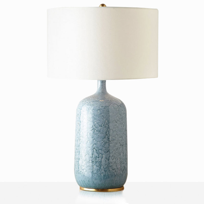 Blue Drum Table Light Minimalistic 1 Bulb Fabric Nightstand Lighting with Ceramic Base Clearhalo 'Lamps' 'Table Lamps' Lighting' 2197911