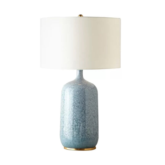 Blue Drum Table Light Minimalistic 1 Bulb Fabric Nightstand Lighting with Ceramic Base Clearhalo 'Lamps' 'Table Lamps' Lighting' 2197912