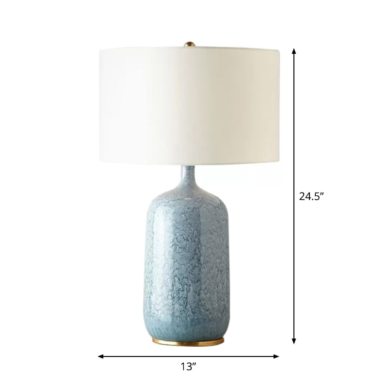 Blue Drum Table Light Minimalistic 1 Bulb Fabric Nightstand Lighting with Ceramic Base Clearhalo 'Lamps' 'Table Lamps' Lighting' 2197913